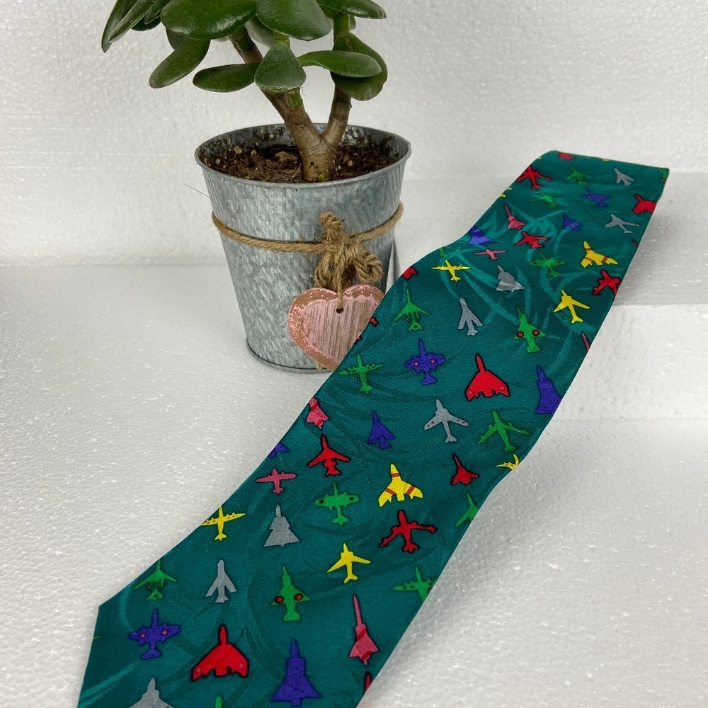 D'em Crazy Tie Airplane 100% Silk  Green Bright